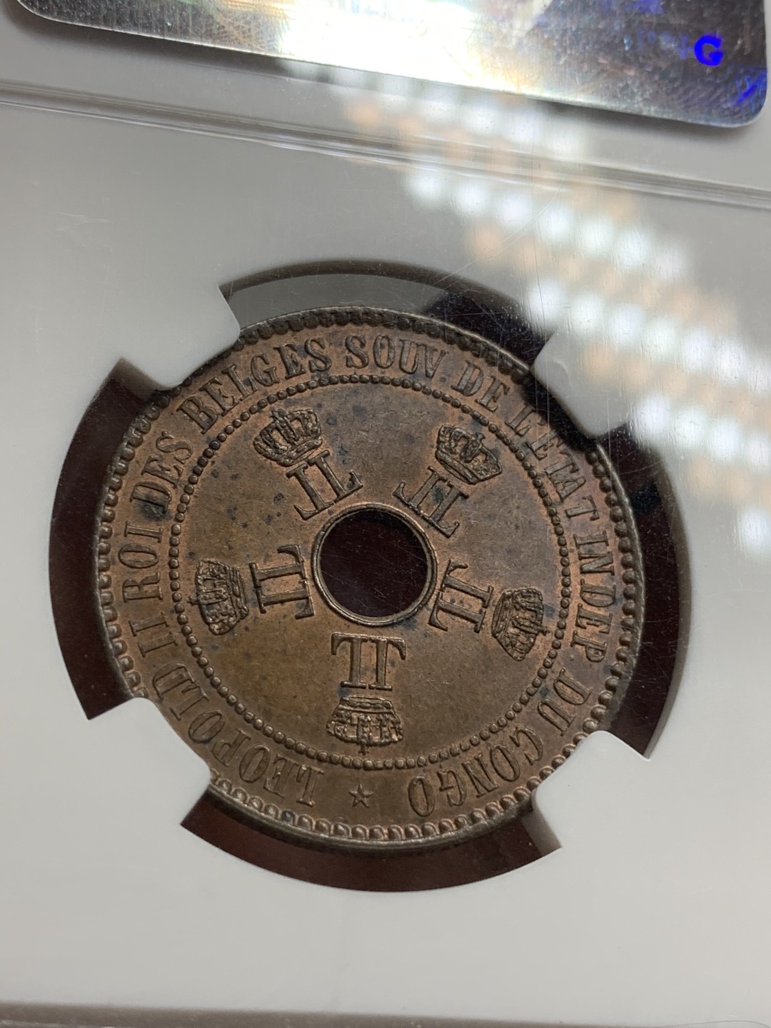 《竞宝斋》第75场-本周日，周一2场连拍（全场不限金额包邮） NGC-MS62 比属刚果 1888年 大五星 发财包浆发财年份 铜币