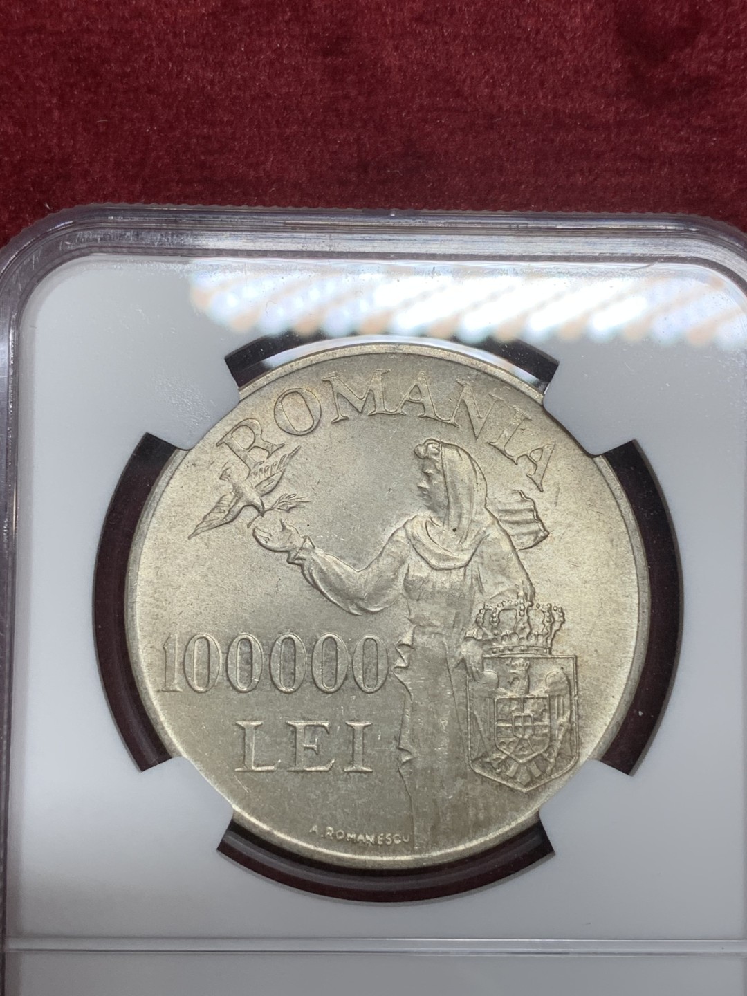 《竞宝斋》第75场-本周日，周一2场连拍（全场不限金额包邮） NGC-MS64 罗马尼亚 1946年 100000列伊 大银币 顶级品相粉光