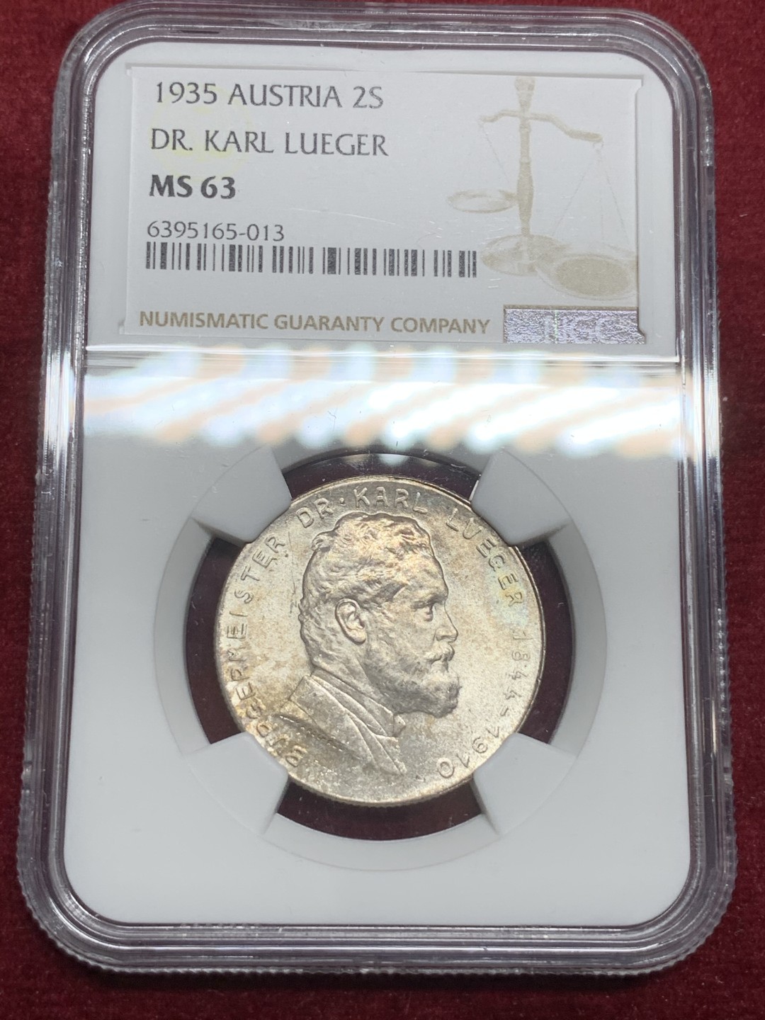 《竞宝斋》第75场-本周日，周一2场连拍（全场不限金额包邮） NGC MS63 奥地利 1935年 卡尔卢格纪念 2先令银币 不错的分数