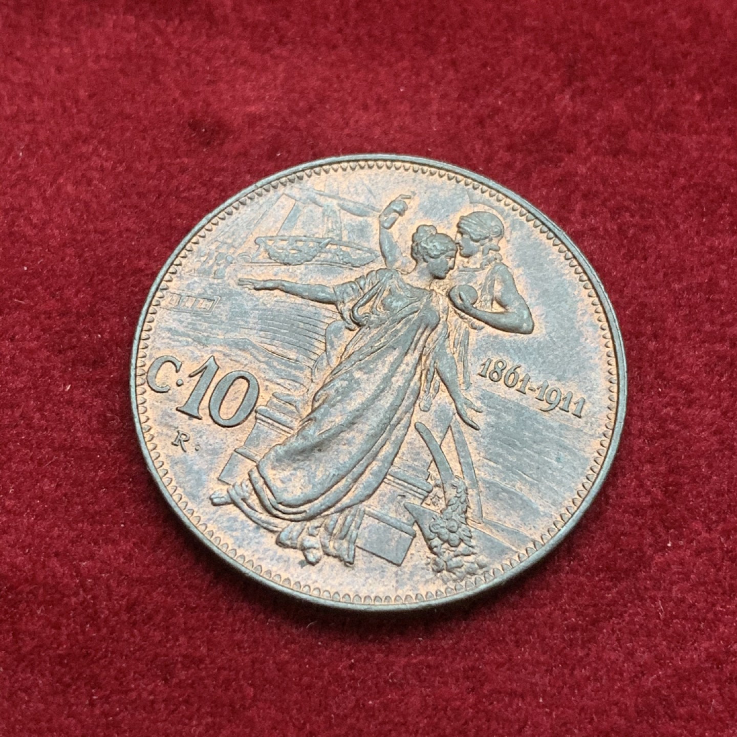 《竞宝斋》第75场-本周日，周一2场连拍（全场不限金额包邮） UNC 带光 意大利1911年 建国10分，意大利币艺术性巅峰之作