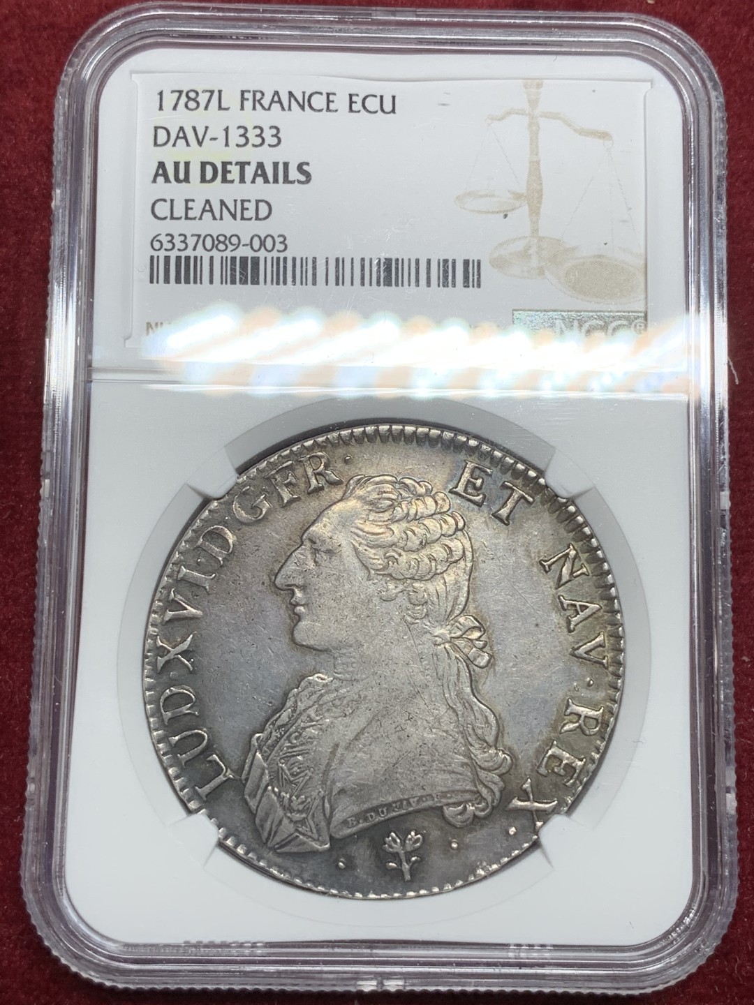 《竞宝斋》第75场-本周日，周一2场连拍（全场不限金额包邮）  NGC-AU 法国1787-L 路易十六 1ECU 大银币 稀少厂名 能上AU的非常难得 老包浆没给分很可惜