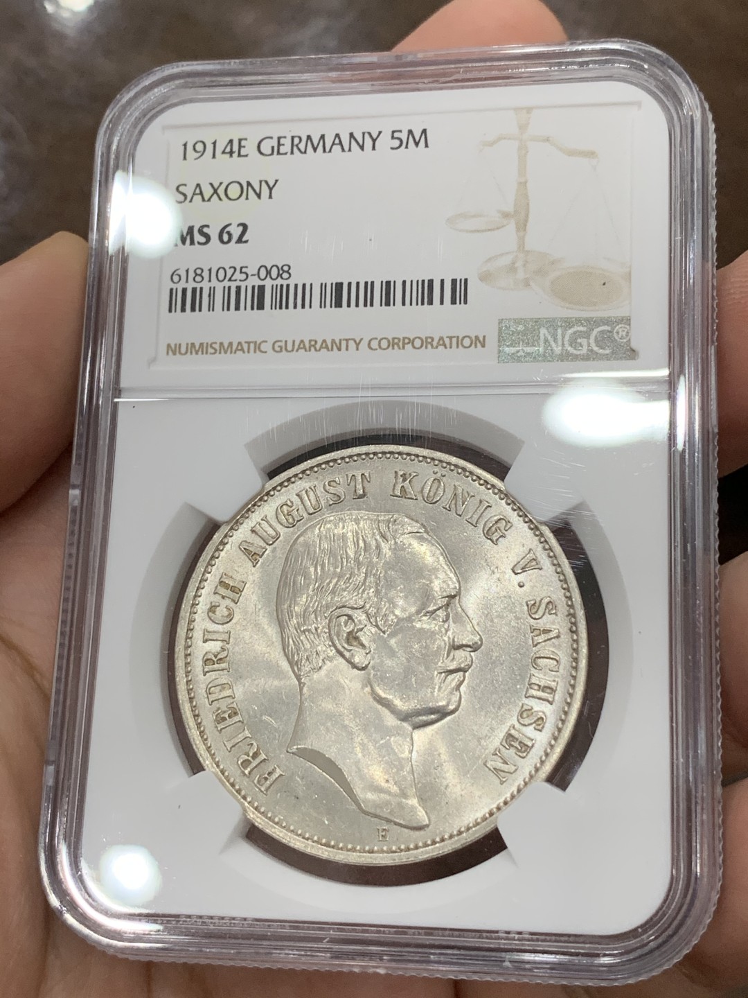 《竞宝斋》第75场-本周日，周一2场连拍（全场不限金额包邮） NGC-MS62 德国萨克森 1914E年 5马克 大银币 好品原光