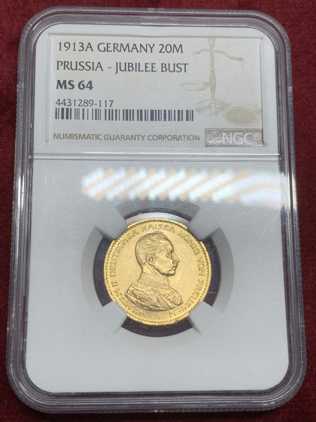 《竞宝斋》第75场-本周日，周一2场连拍（全场不限金额包邮） 亚军分 NGC-MS64 普鲁士 1913A 20马克 威廉二世军装金币 观感十分不错的一款金币