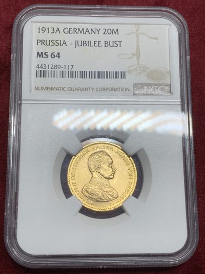 《竞宝斋》第75场-本周日，周一2场连拍（全场不限金额包邮） - 亚军分 NGC-MS64 普鲁士 1913A 20马克 威廉二世军装金币 观感十分不错的一款金币