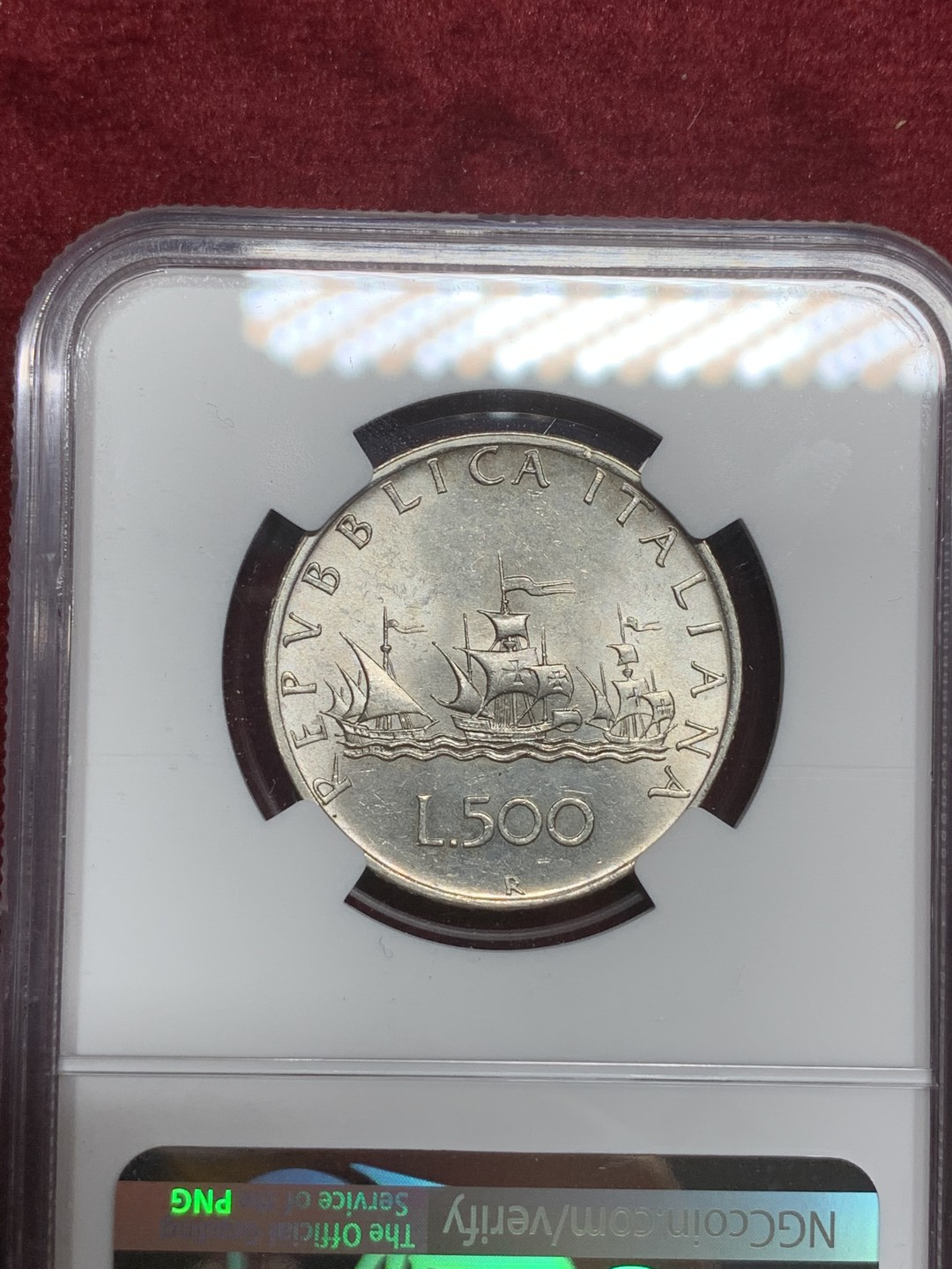 《竞宝斋》第75场-本周日，周一2场连拍（全场不限金额包邮） NGC-MS63 意大利 1959年 早期年份帆船 500里拉银币 完美车轮光