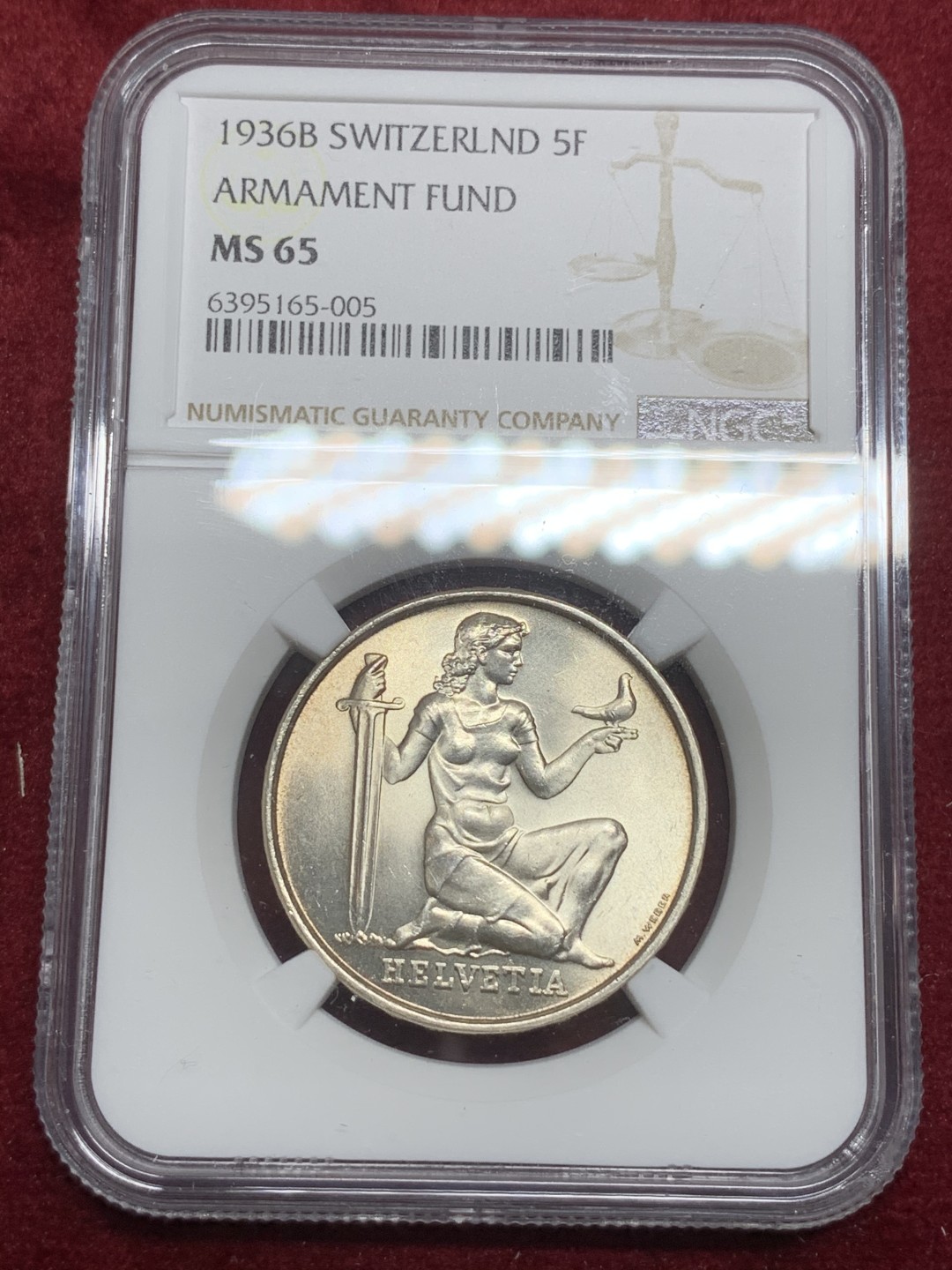《竞宝斋》第75场-本周日，周一2场连拍（全场不限金额包邮） NGC-MS65 瑞士1936年 联邦基金纪念 5法郎大银币 顶级品相
