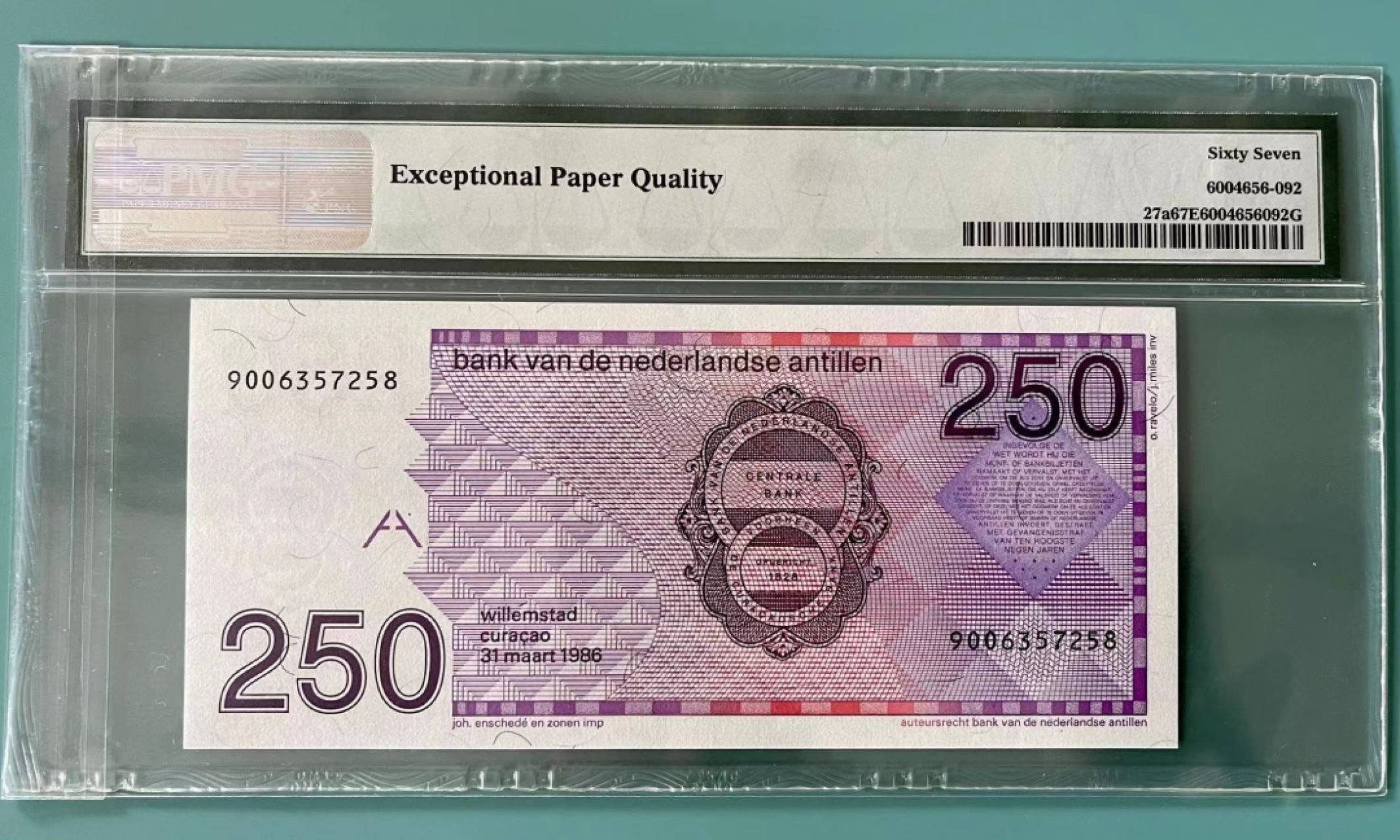 收藏联盟Quantum Auction 第176期拍卖 荷属安的列斯1986年250盾 PMG67 初版