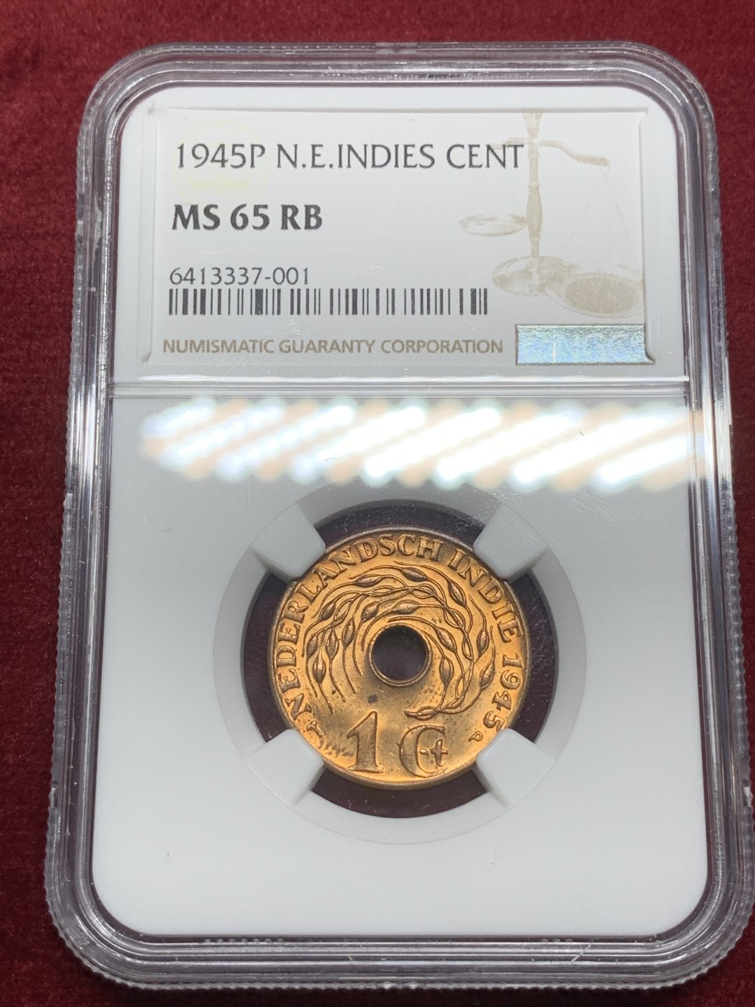 《竞宝斋》第75场-本周日，周一2场连拍（全场不限金额包邮） NGC MS65RB 1945P荷属东印度1分 高分铜光饱满