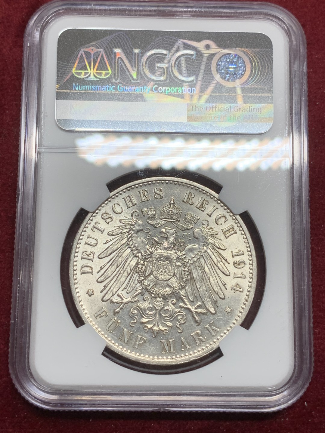 《竞宝斋》第75场-本周日，周一2场连拍（全场不限金额包邮） NGC-MS62 德国萨克森 1914E年 5马克 大银币 好品原光