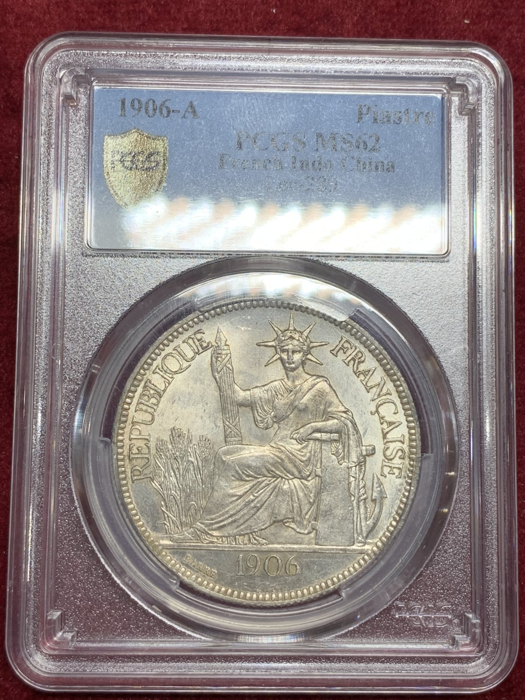 《竞宝斋》第75场-本周日，周一2场连拍（全场不限金额包邮） PCGS MS62 法属印支  1906年 坐人银币  状态非常好