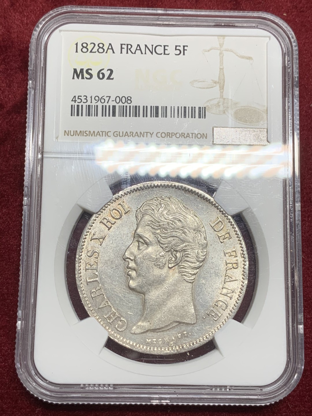 《竞宝斋》第75场-本周日，周一2场连拍（全场不限金额包邮） 亚军分，NGC MS62 1828年法国查理十世5法郎银币 上面只有一个MS63，查理十世的币远比路易十八要少