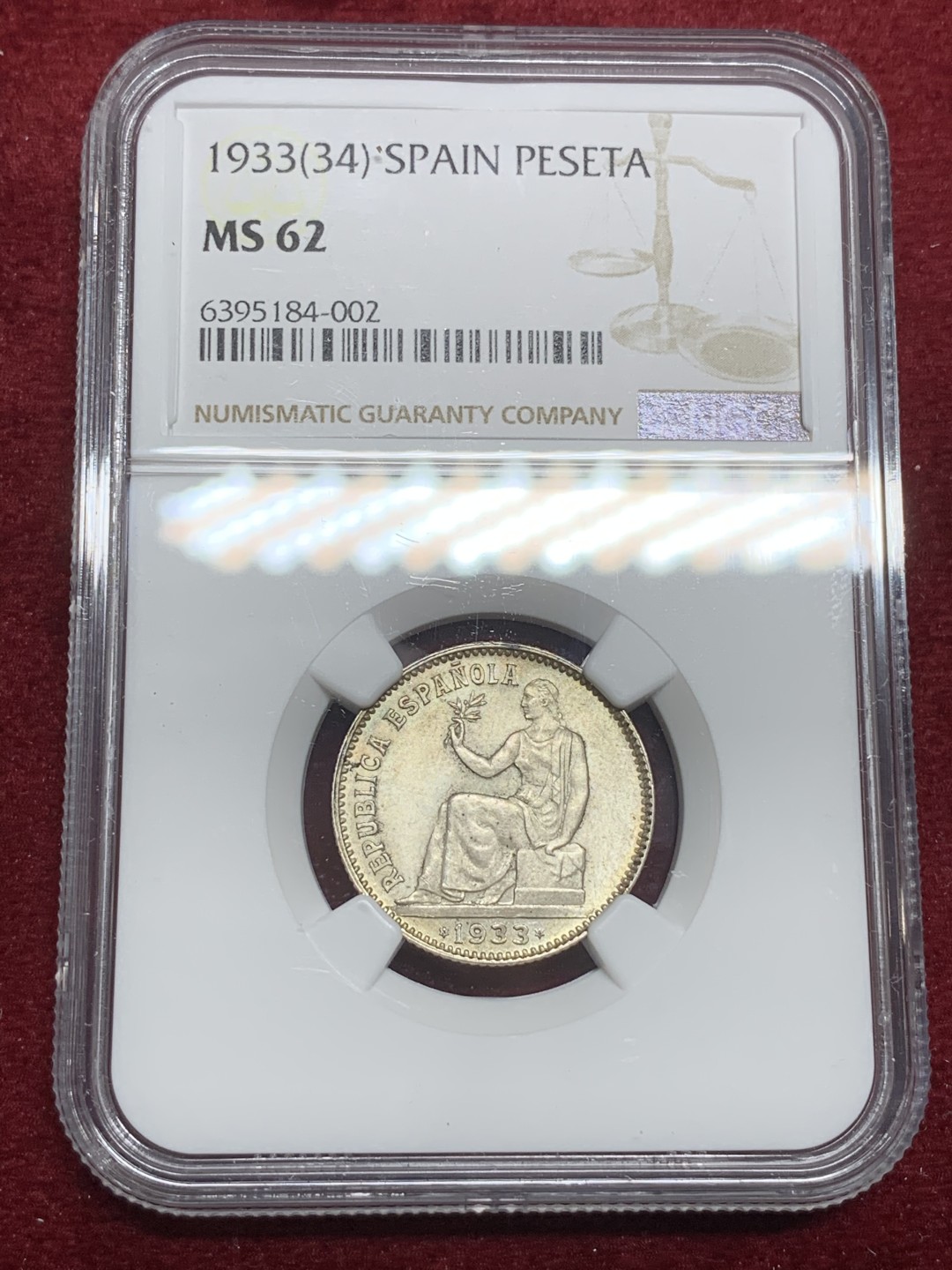 《竞宝斋》第75场-本周日，周一2场连拍（全场不限金额包邮） NGC MS-62 西班牙1933年 内战版1比塞塔 银币 内战时期唯一一款银币