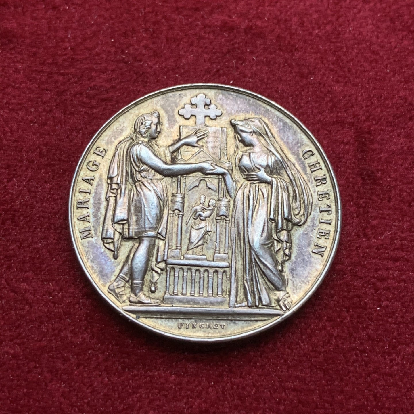 《竞宝斋》第75场-本周日，周一2场连拍（全场不限金额包邮） 法国 1880-1898年 银质 婚章 双面紫金色包浆 漂亮  12.2克  29.1mm直径 丰饶角边铭 带银标 