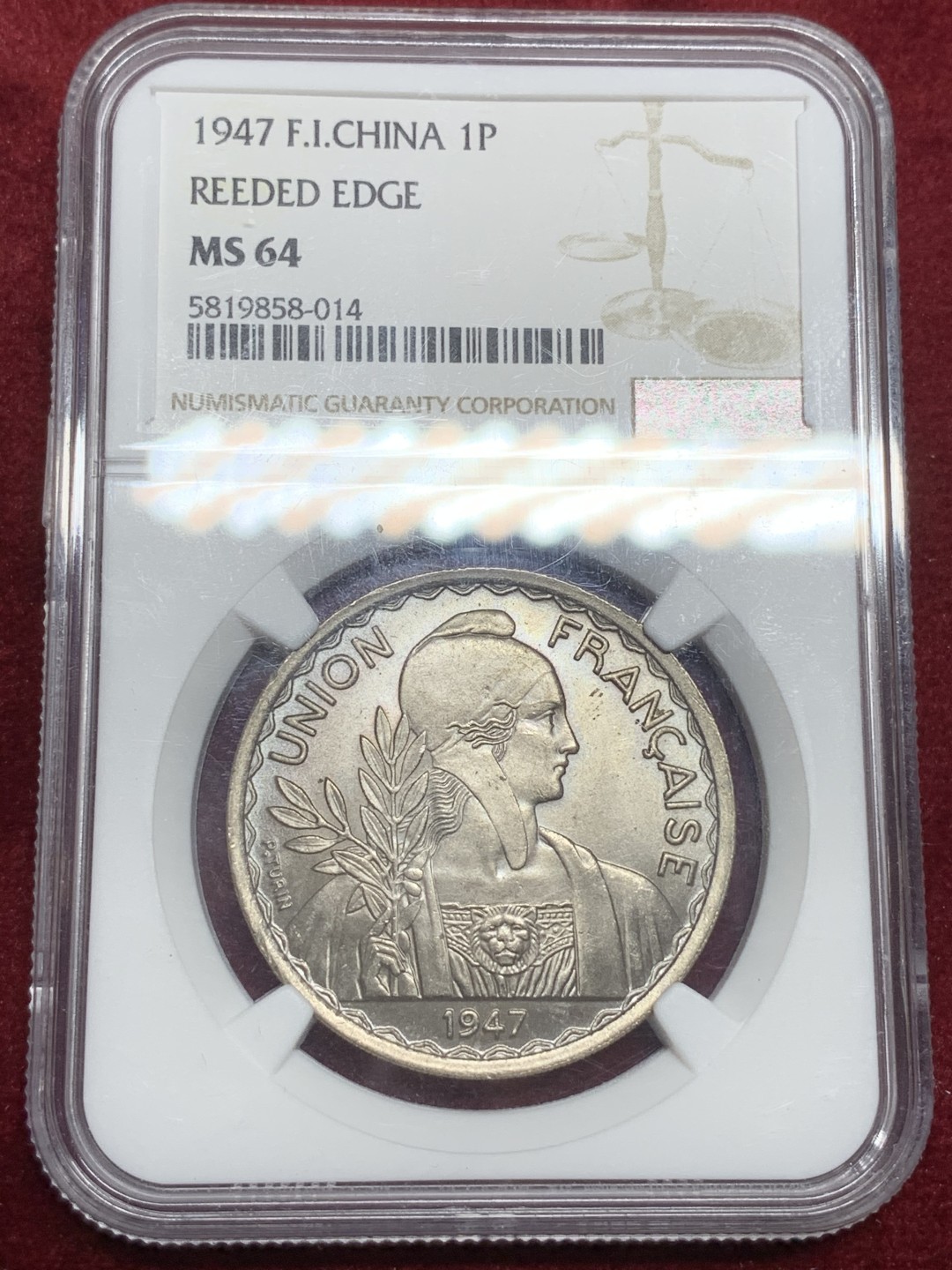《竞宝斋》第75场-本周日，周一2场连拍（全场不限金额包邮） NGC MS64 法属印支1947年齿边女神一皮阿斯特镍币