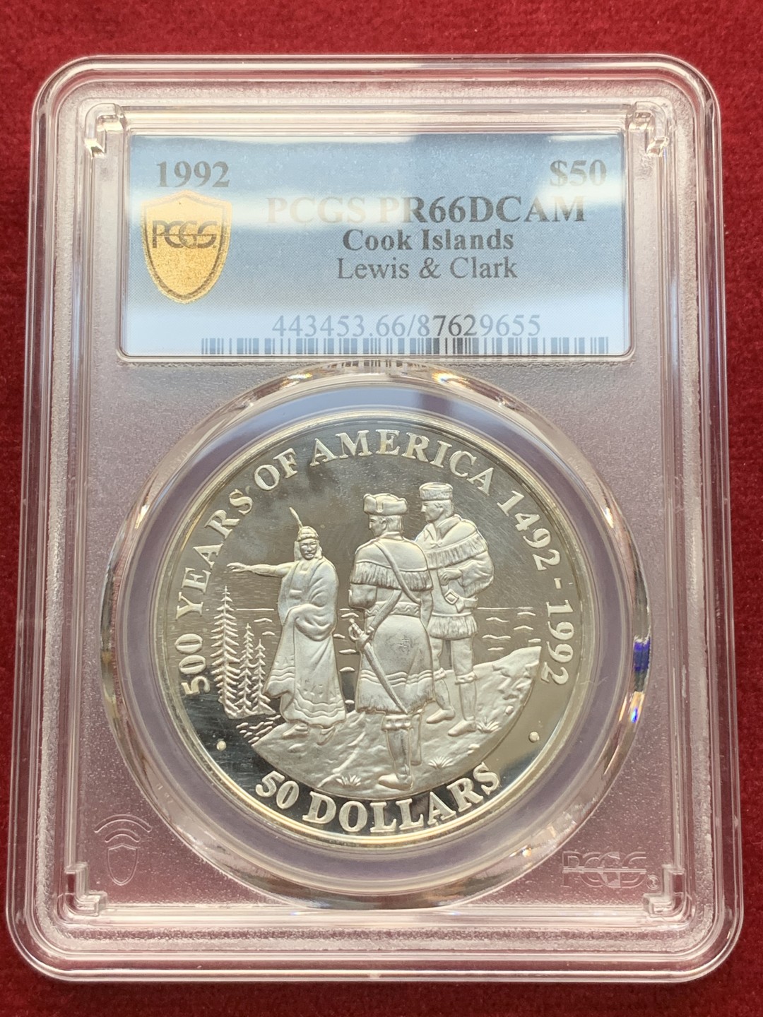 《竞宝斋》第75场-本周日，周一2场连拍（全场不限金额包邮） PCGS PR66DCAM 1992年库克群岛50美元 纪念漂亮国五百周年精制银币 背面伊丽莎白最美一版头像