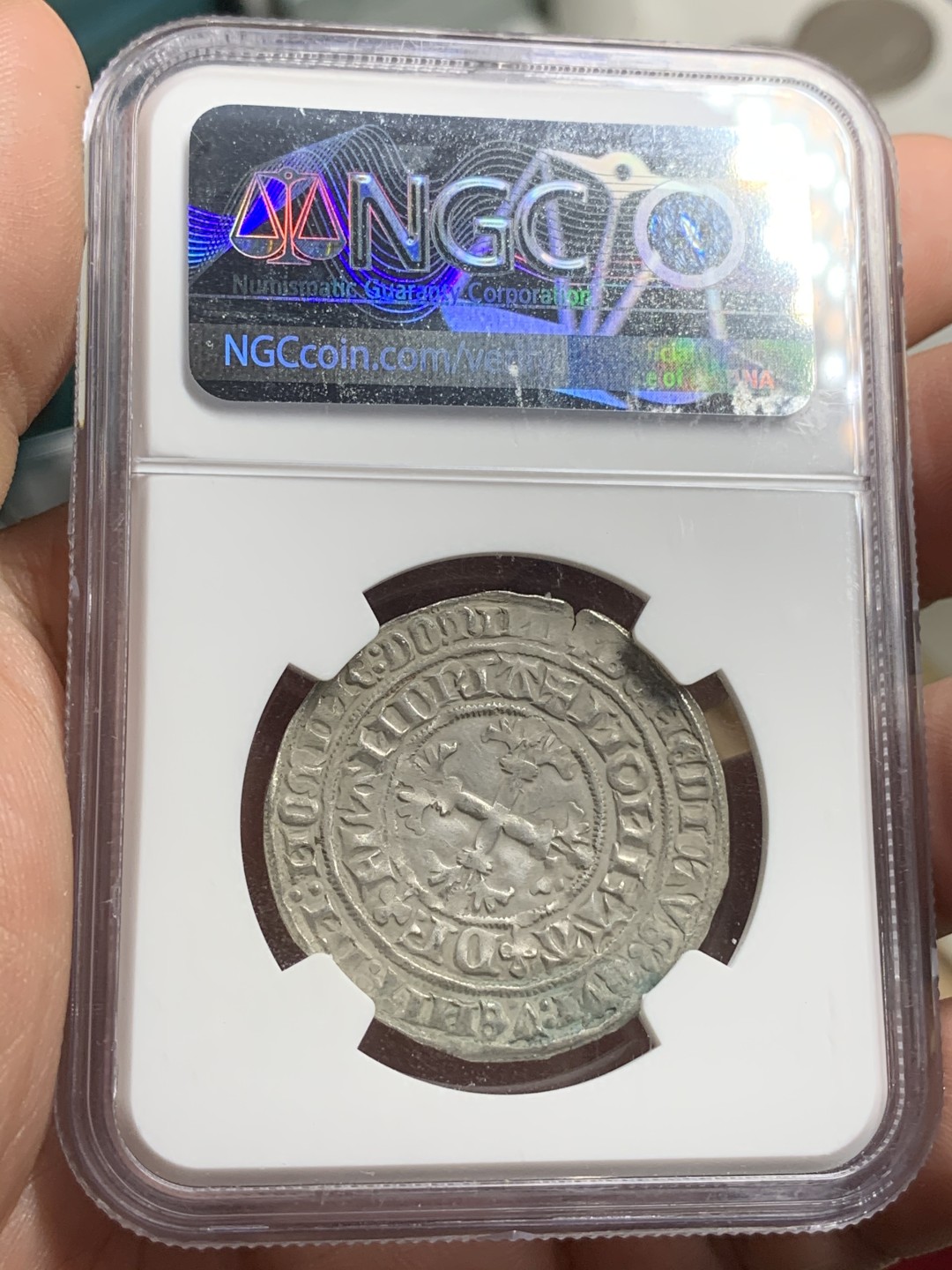 《竞宝斋》第75场-本周日，周一2场连拍（全场不限金额包邮） NGC-MS60 1346-1384比利时法兰德斯 2Gros银币 原味老包浆 打制深细节清晰 33mm 少见品种