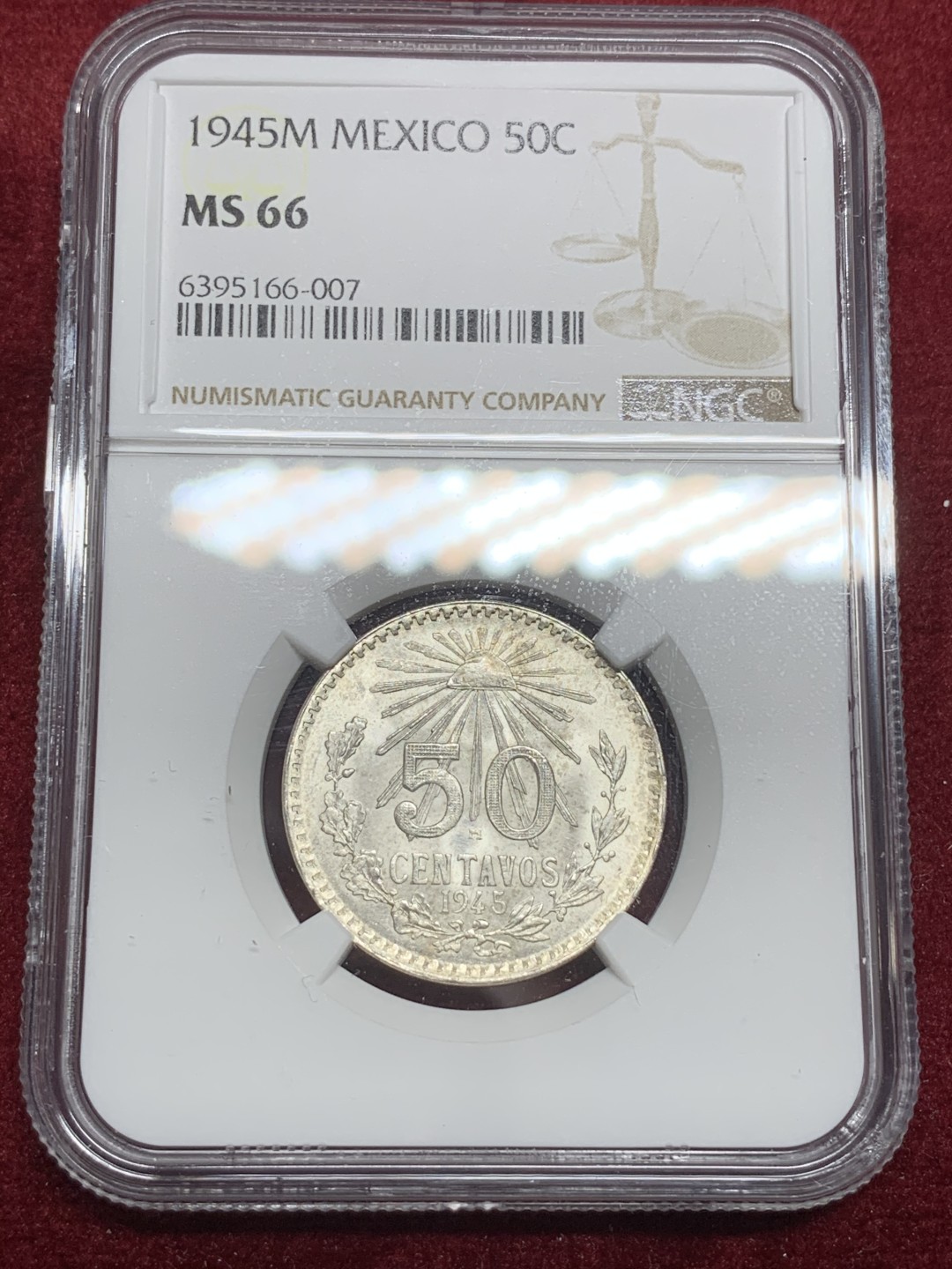 《竞宝斋》第75场-本周日，周一2场连拍（全场不限金额包邮） NGC-MS66 墨西哥1945年 鹰洋50分 银币 顶级品相 一步到位