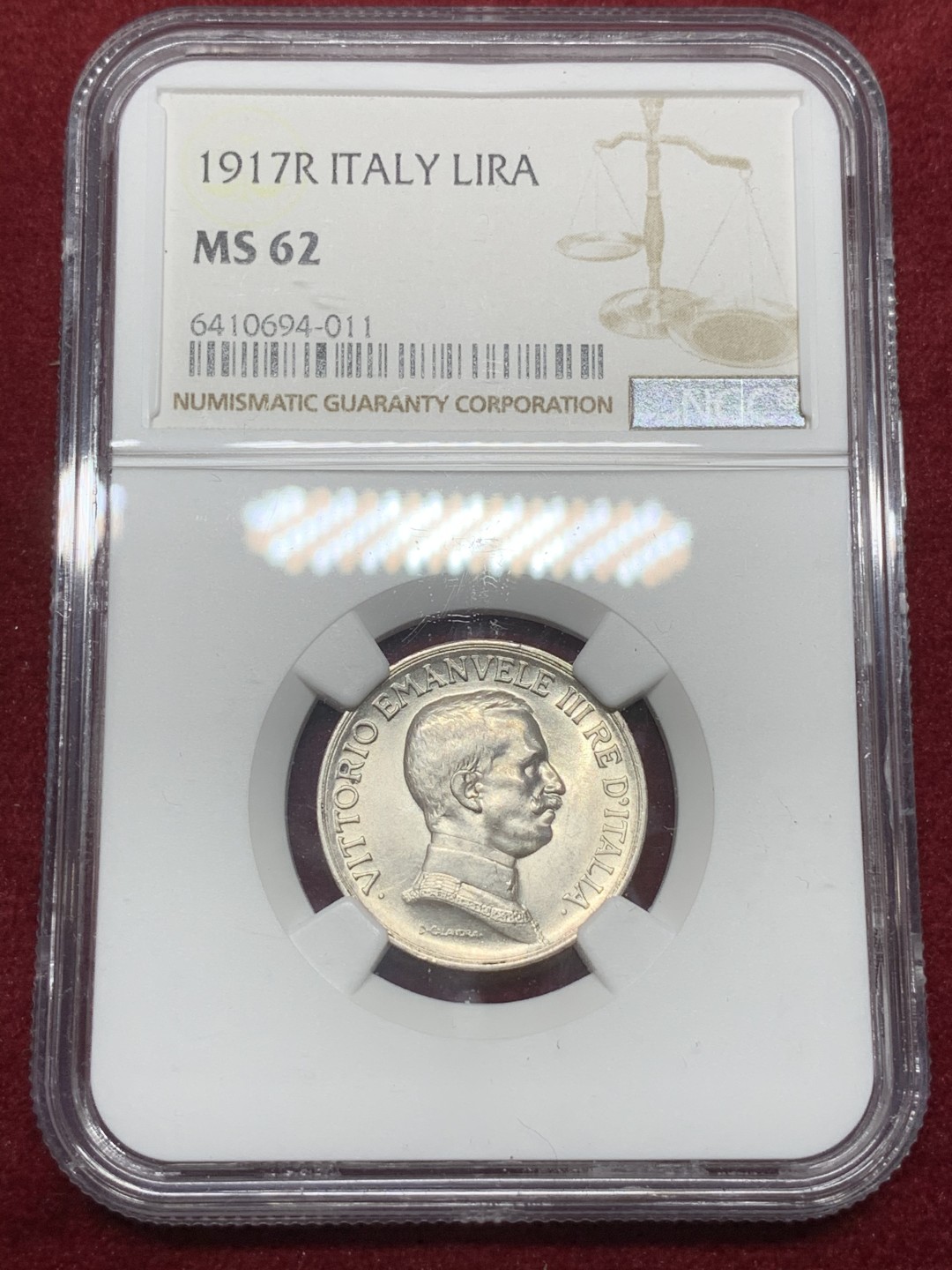 《竞宝斋》第75场-本周日，周一2场连拍（全场不限金额包邮） NGC-MS62 意大利1917年 ⻢⻋里拉 银币，这东⻄上MS不易，最近持续涨价