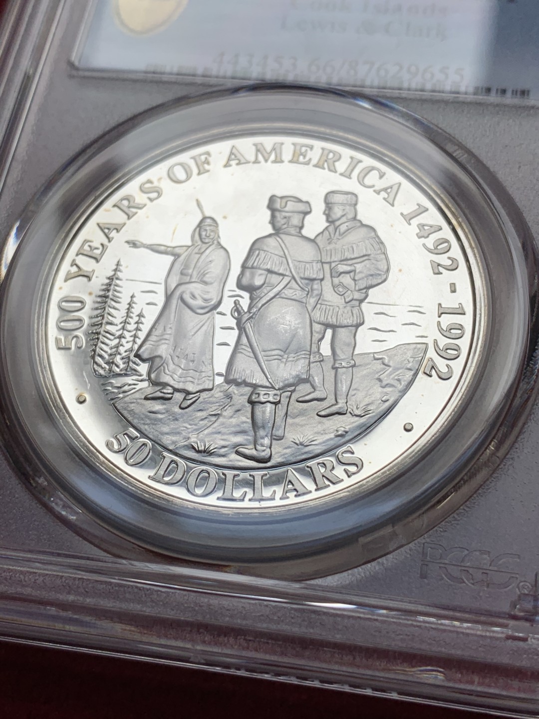 《竞宝斋》第75场-本周日，周一2场连拍（全场不限金额包邮） PCGS PR66DCAM 1992年库克群岛50美元 纪念漂亮国五百周年精制银币 背面伊丽莎白最美一版头像