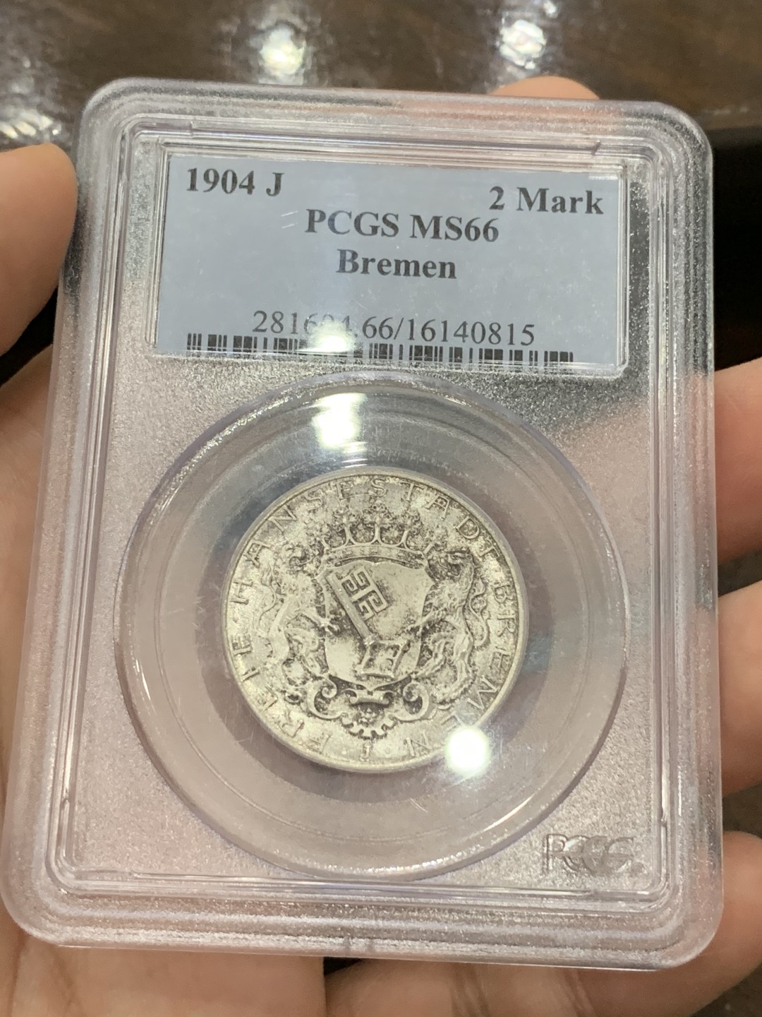 《竞宝斋》第75场-本周日，周一2场连拍（全场不限金额包邮） PCGS-MS66 不莱梅 1904J 2马克 收藏级精品马克自由市入门品种 不莱梅马克是热门 这枚状态极佳