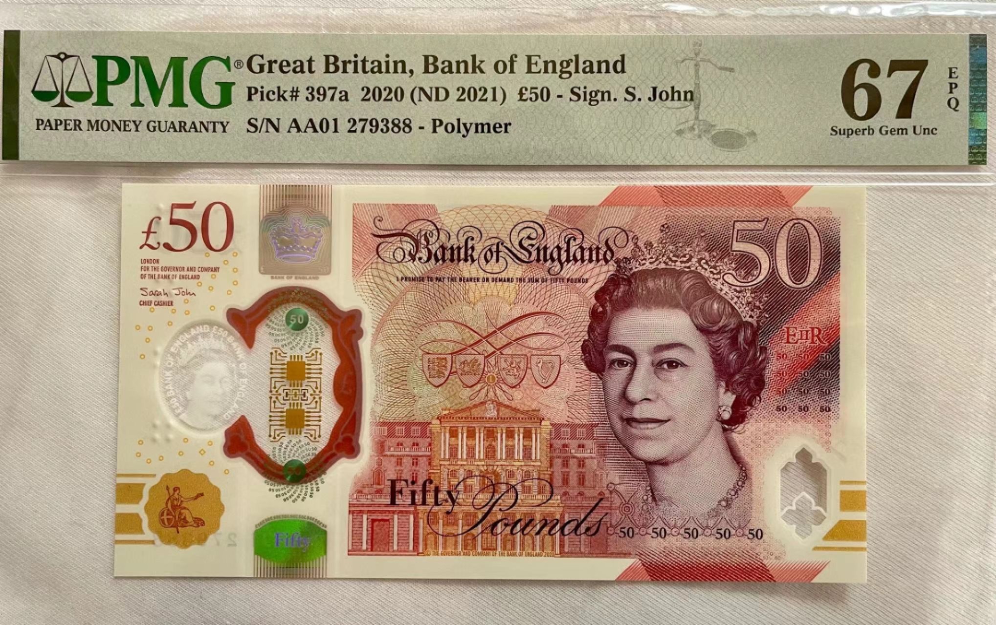 收藏联盟Quantum Auction 第176期拍卖 英国2020年50镑 PMG67 AA01首发冠号尾88号码