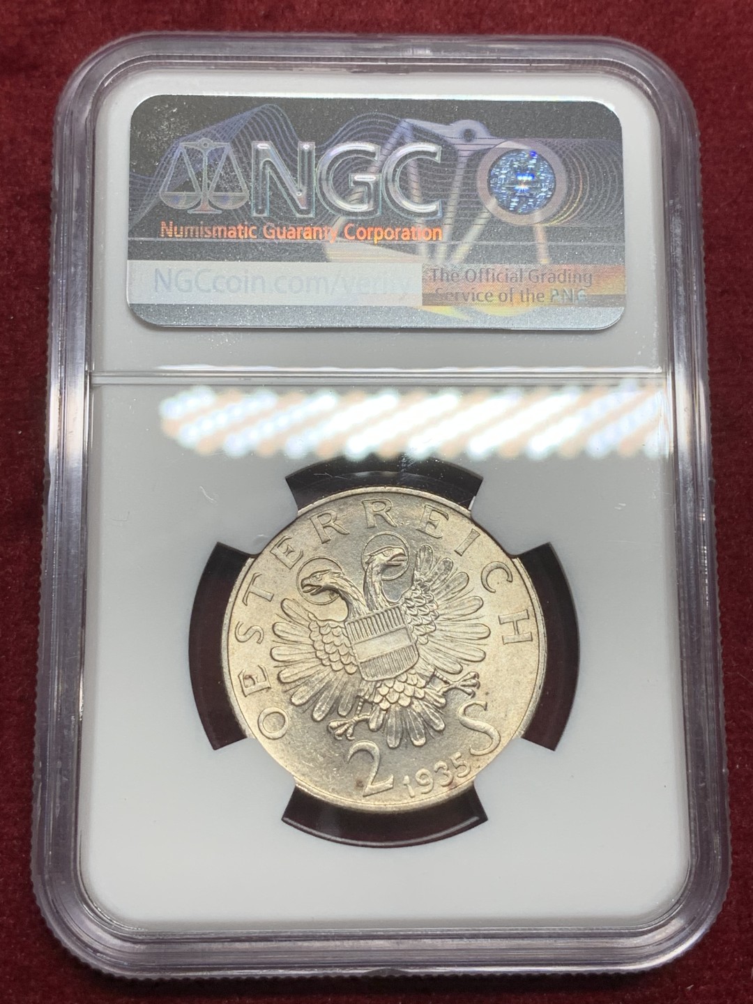 《竞宝斋》第75场-本周日，周一2场连拍（全场不限金额包邮） NGC MS63 奥地利 1935年 卡尔卢格纪念 2先令银币 不错的分数