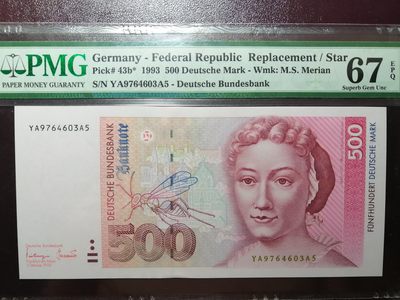 【Blue Auction】✨世界纸币精拍第204期【精】 - 【亚军分 补号】德国 1993年500马克 梅里安 PMG67EPQ 高分