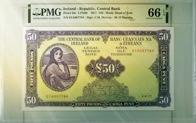 【Blue Auction】✨世界纸币精拍第204期【精】 - 【01A冠】爱尔兰 1977年50镑 次高值 超大票幅 PMG66EPQ 拉弗雷夫人 经典 