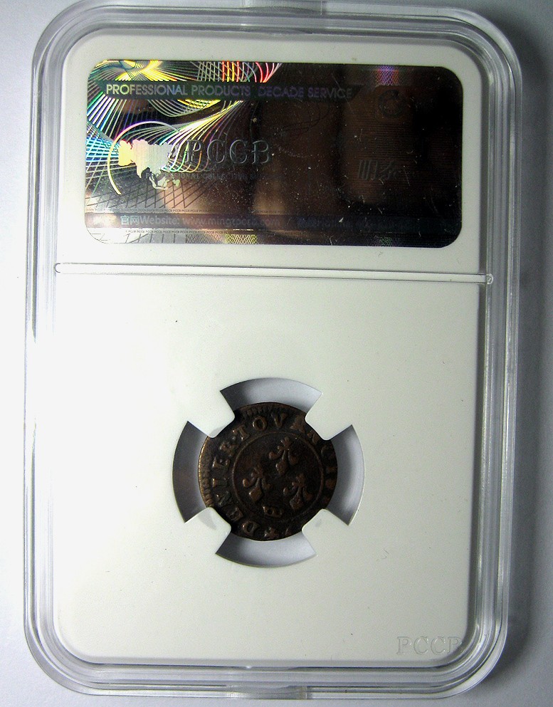 法国雷诺堡铜币,稀有币,1644,卡斯通.德.奥尔良,1图尔德涅尔,约17mm,1.25g