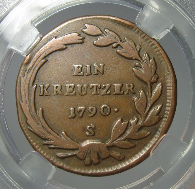 神圣罗马帝国奥地利铜币,1790,1克鲁泽,约瑟夫二世，约24mm,7.0g