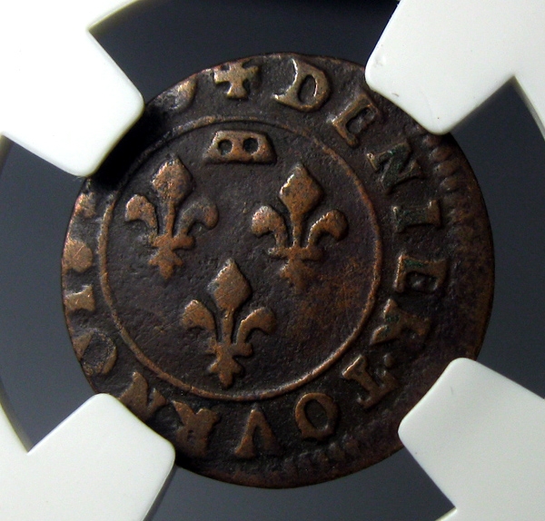 法国雷诺堡铜币,稀有币,1644,卡斯通.德.奥尔良,1图尔德涅尔,约17mm,1.25g