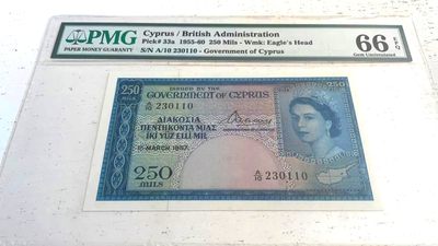 【Blue Auction】✨世界纸币精拍第204期【精】 - 塞浦路斯 1955-60年250米尔 稀少品种 大冠女王 BWC出品 票面非常清新耐看 精品 PMG66EPQ 