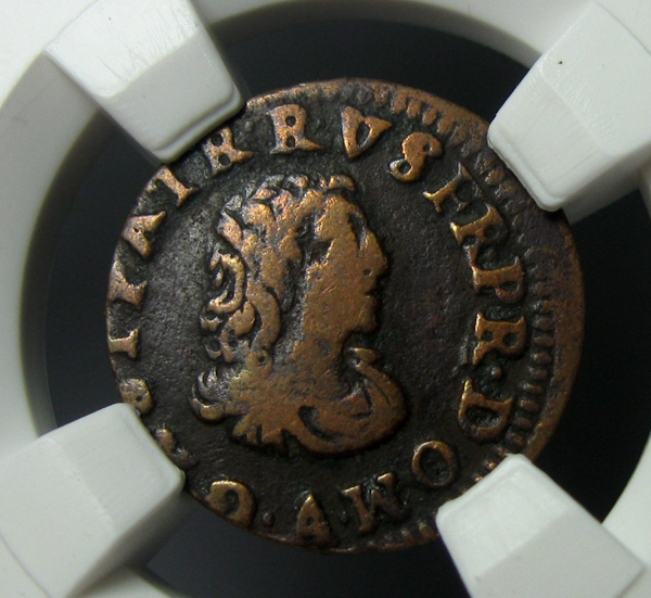 法国雷诺堡铜币,稀有币,1644,卡斯通.德.奥尔良,1图尔德涅尔,约17mm,1.25g