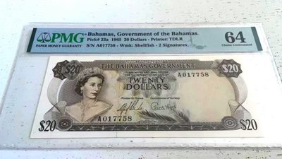 【Blue Auction】✨世界纸币精拍第204期【精】 - 【初版】巴哈马 彩背 1965年20元 高值 A冠 PMG64 经典马车 女王纸币