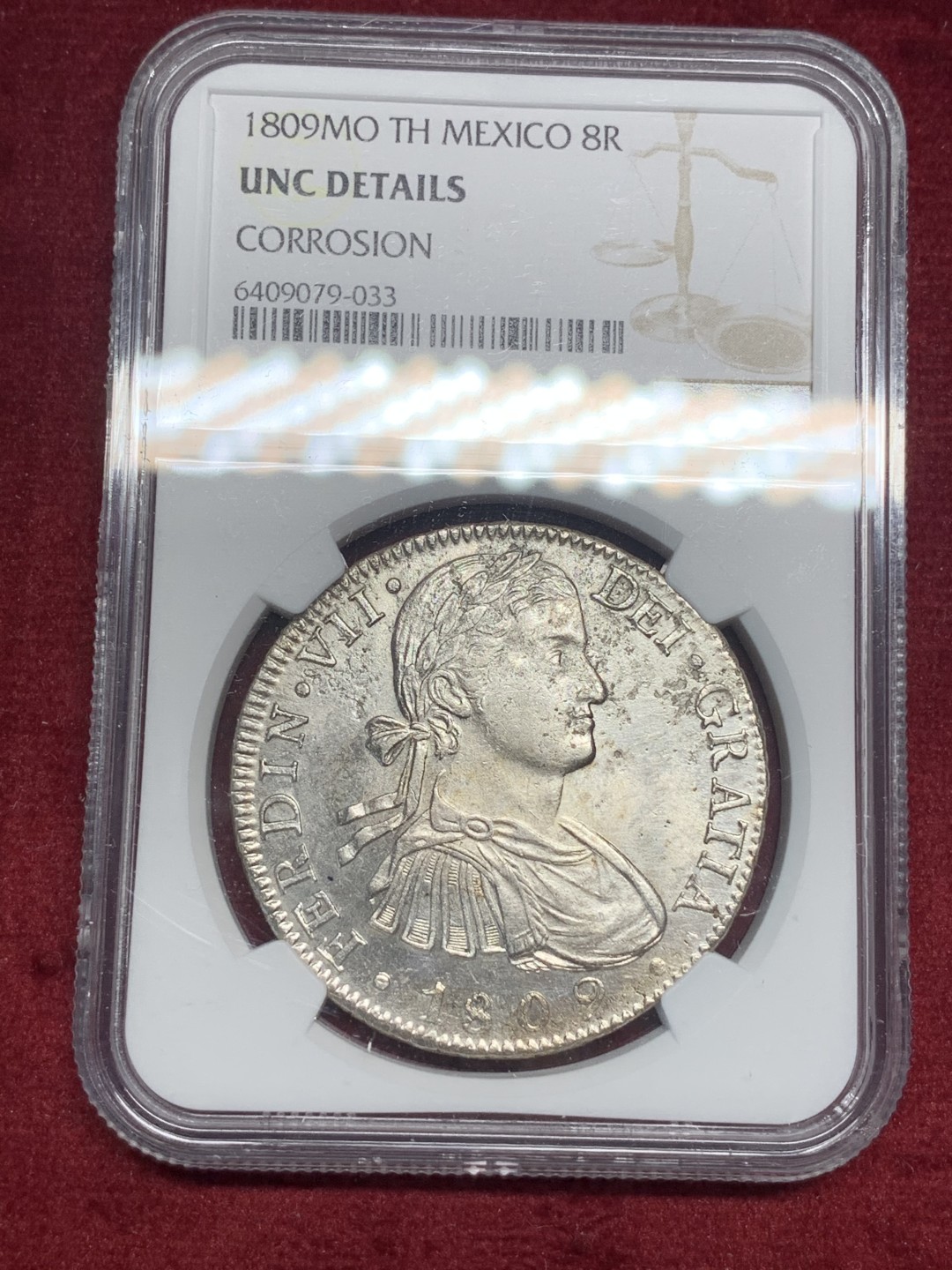 《竞宝斋》第76场-本周日，周一2场连拍（全场不限金额包邮） NGC UNC 墨西哥 1809  费七 8R 双柱 大银币 双面深打 细节非常好