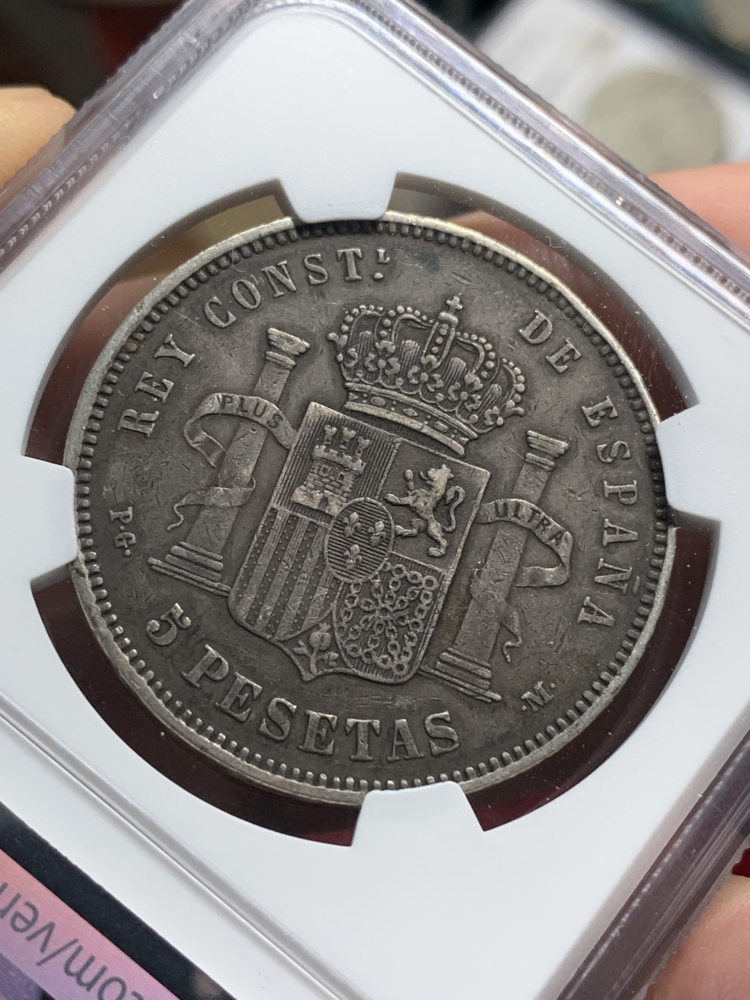 《竞宝斋》第76场-本周日，周一2场连拍（全场不限金额包邮） NGC XF40  西班牙 1891年阿方索十三世5比塞塔银币 醇黑包浆好品