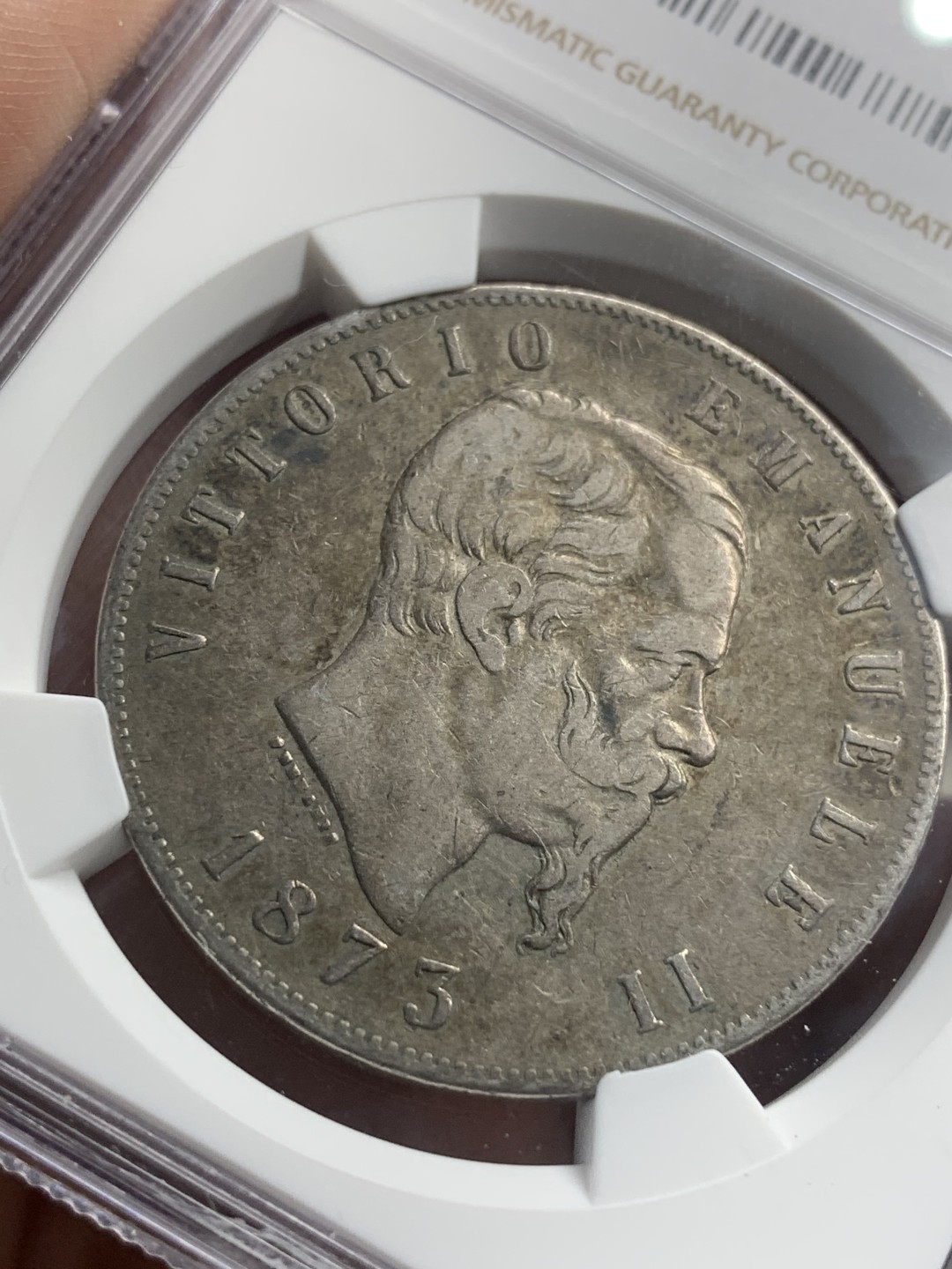 《竞宝斋》第76场-本周日，周一2场连拍（全场不限金额包邮） NGC VF35 意大利 1873年埃马努埃莱二世五里拉银币 老包浆