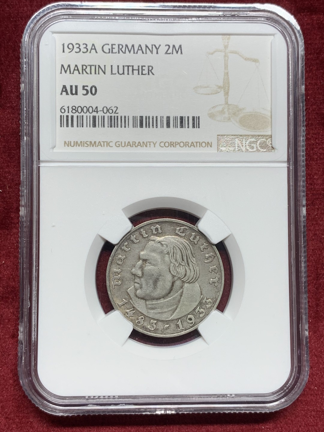 《竞宝斋》第76场-本周日，周一2场连拍（全场不限金额包邮） NGC-AU50 德国第三帝国马丁路德 1933年A厂 2马克 银币 发行量较少 细节清晰