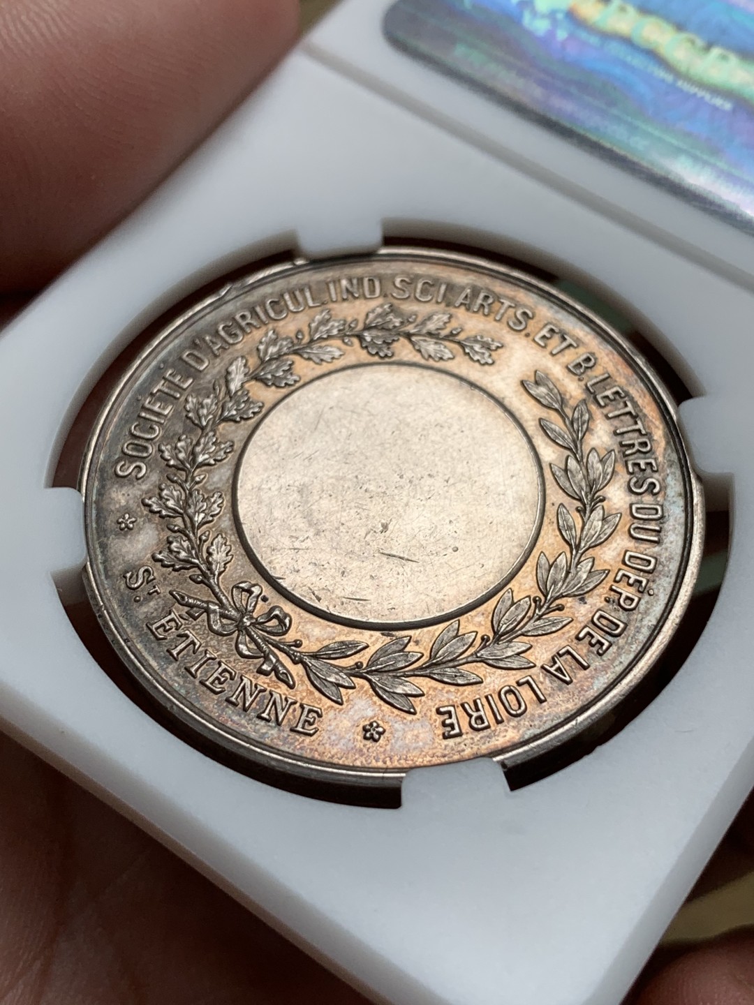 《竞宝斋》第76场-本周日，周一2场连拍（全场不限金额包邮） 法国 1860 年 农业产业科学艺术协会 五彩银章  37mm直径 22.77克 雕刻精致 可收藏