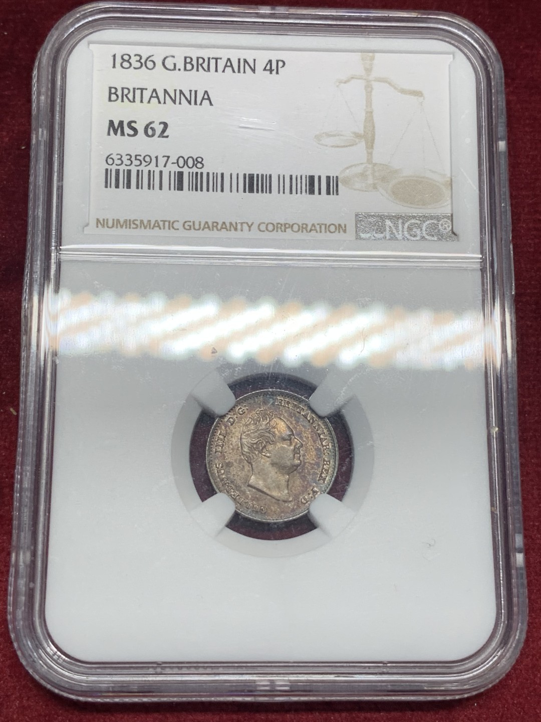 《竞宝斋》第76场-本周日，周一2场连拍（全场不限金额包邮） NGC-MS62 1836年英国 威廉四世 4便士银币 单枚成套 女神坐像版，主要用于英属圭亚那 双面五彩