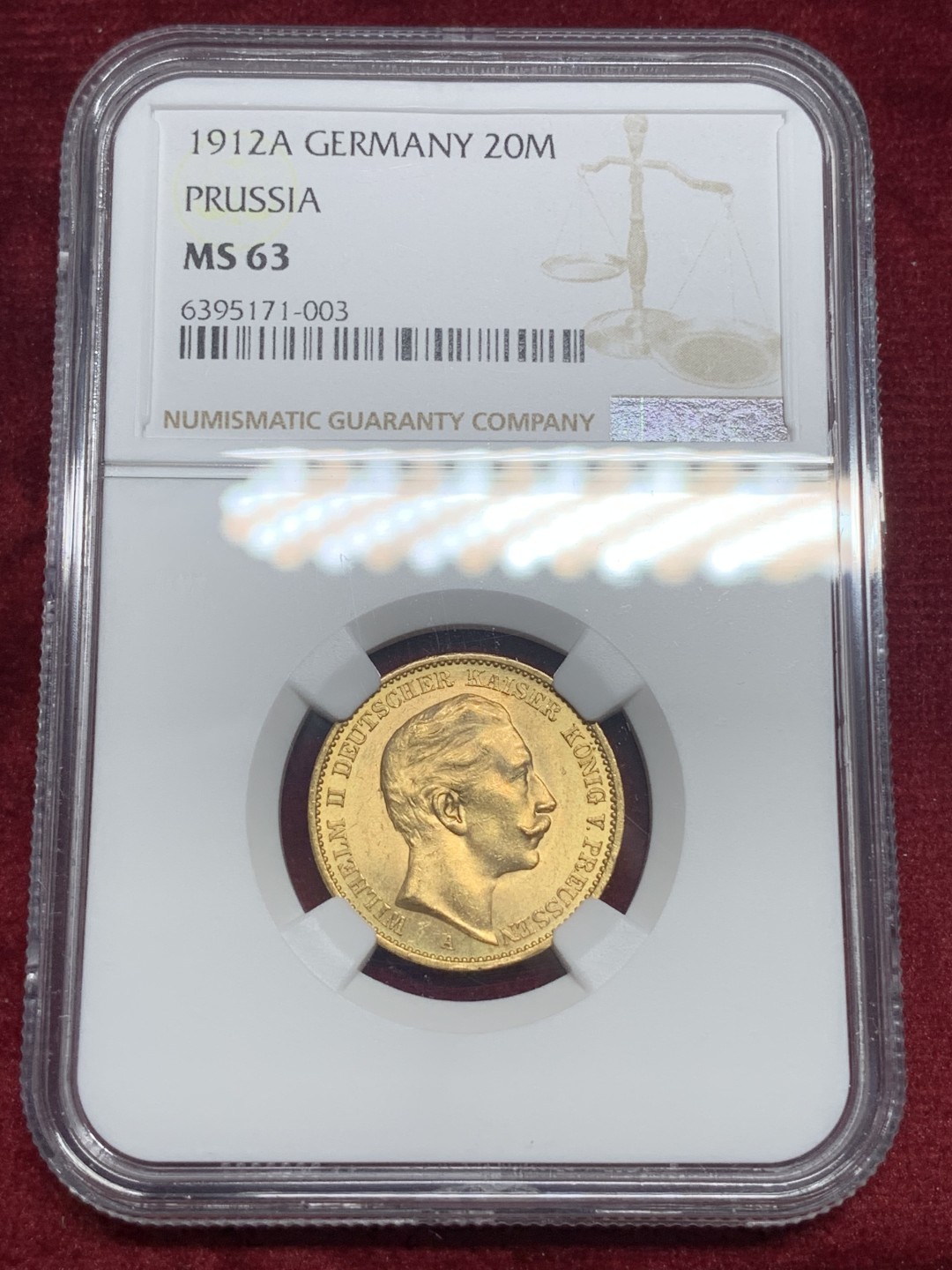 《竞宝斋》第76场-本周日，周一2场连拍（全场不限金额包邮） NGC-MS63 德国1912年 普鲁士威廉二世 20马克金币 