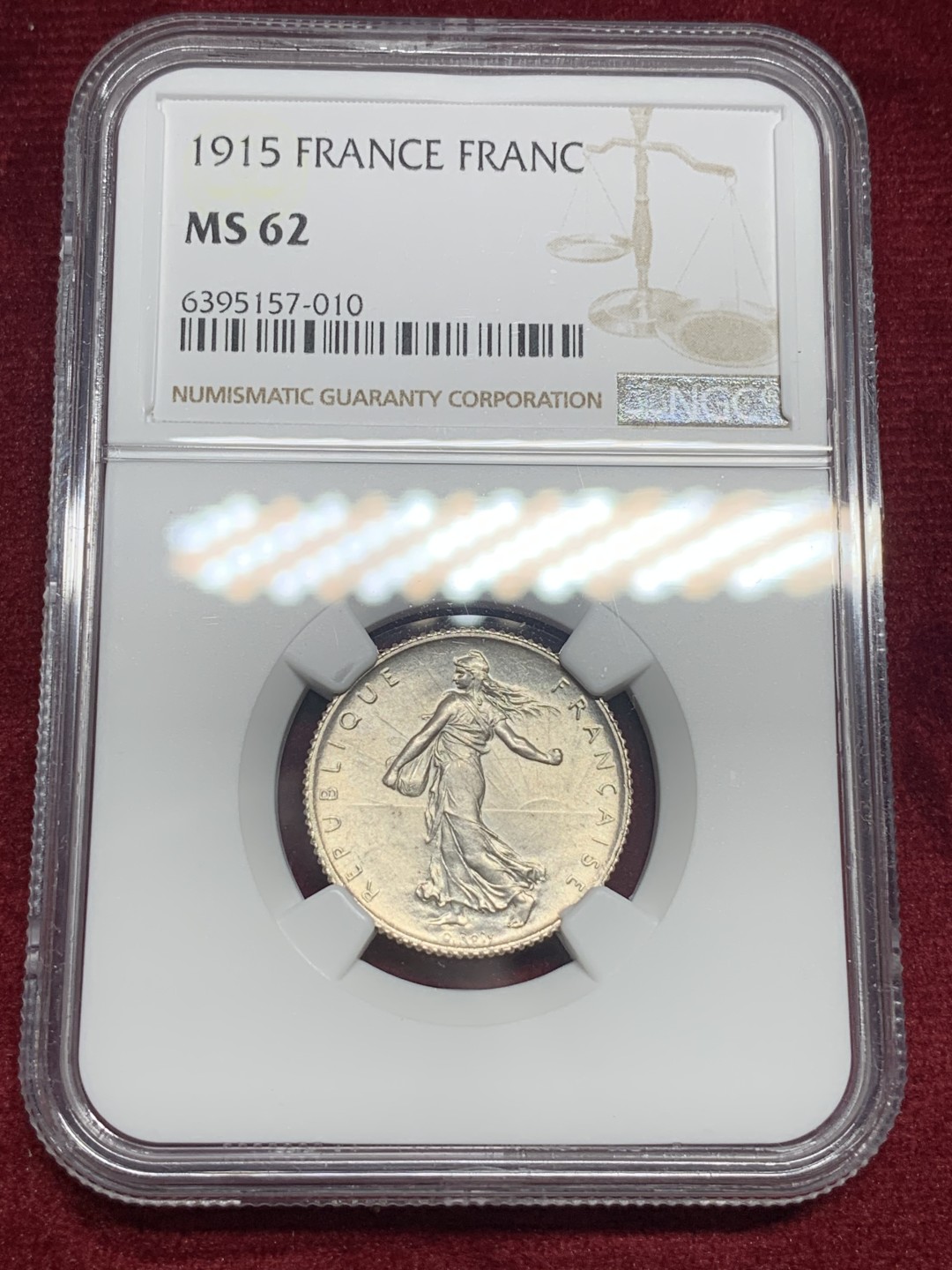 《竞宝斋》第76场-本周日，周一2场连拍（全场不限金额包邮） NGC-MS62 法国1915年 播种女神 1法郎银币 原光好品