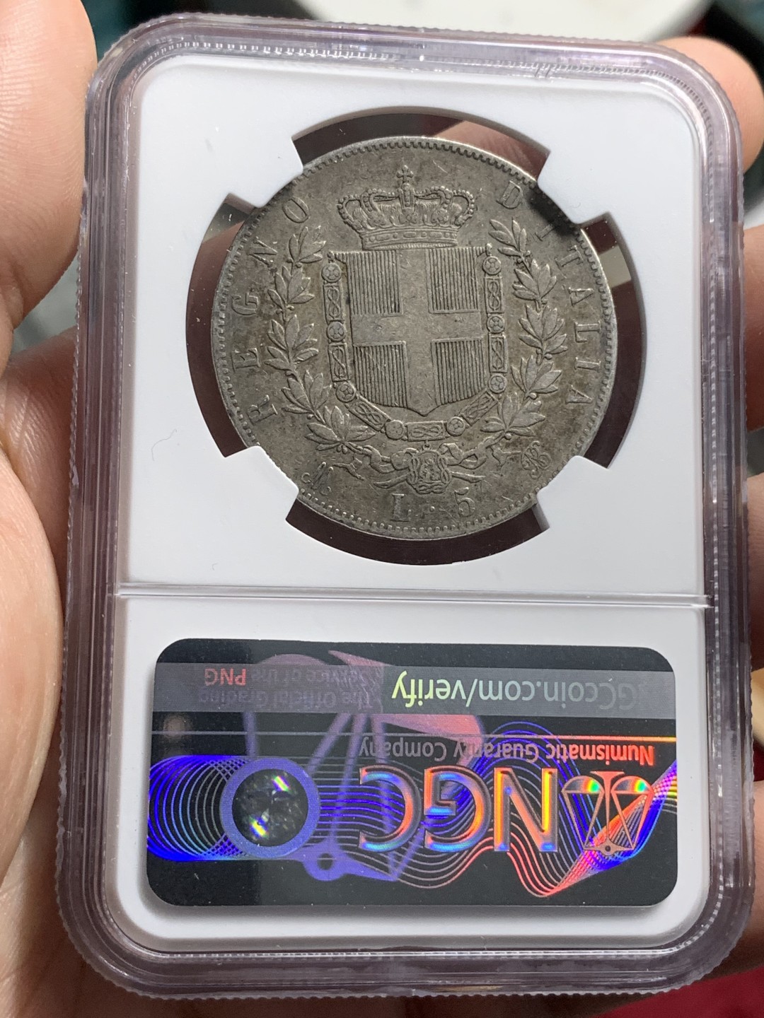 《竞宝斋》第76场-本周日，周一2场连拍（全场不限金额包邮） NGC VF35 意大利 1873年埃马努埃莱二世五里拉银币 老包浆