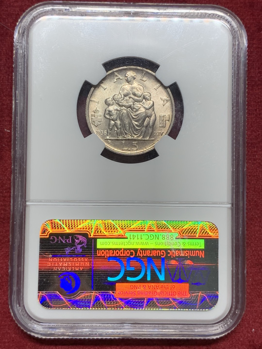 《竞宝斋》第76场-本周日，周一2场连拍（全场不限金额包邮） NGC MS64意大利王国1936年5里拉，强转光，极好的状态。