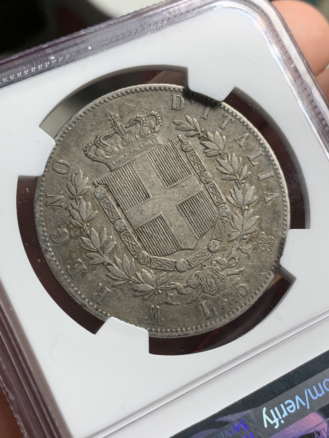 《竞宝斋》第76场-本周日，周一2场连拍（全场不限金额包邮） NGC VF35 意大利 1873年埃马努埃莱二世五里拉银币 老包浆