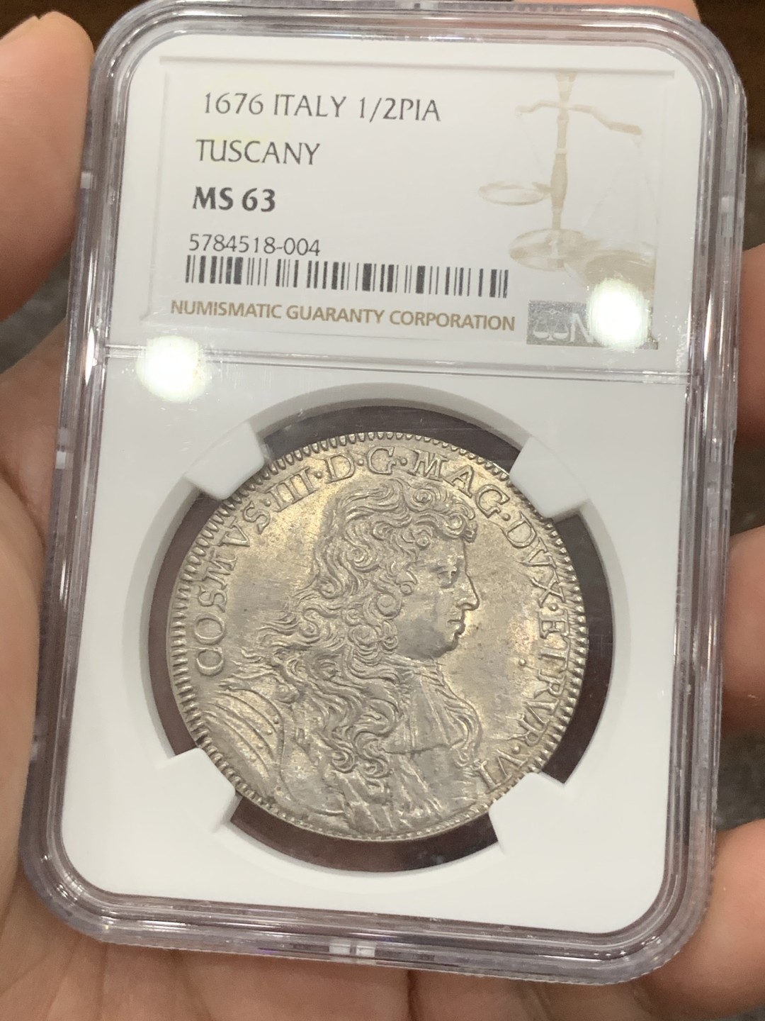 《竞宝斋》第76场-本周日，周一2场连拍（全场不限金额包邮） 唯一冠军 NGC MS63意大利托斯卡纳大公国1676年科西莫三世·德·美第奇1/2piastre。佛罗伦萨铸。单年版，19年一枚略差的裸币 2.7W成交