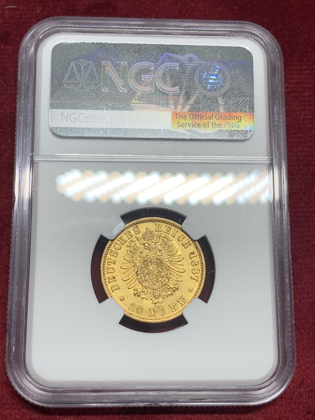 《竞宝斋》第76场-本周日，周一2场连拍（全场不限金额包邮） NGC-AU58 德国普鲁士 1887年 威廉一世 20马克金币 早期版本有这分数已经很难得了