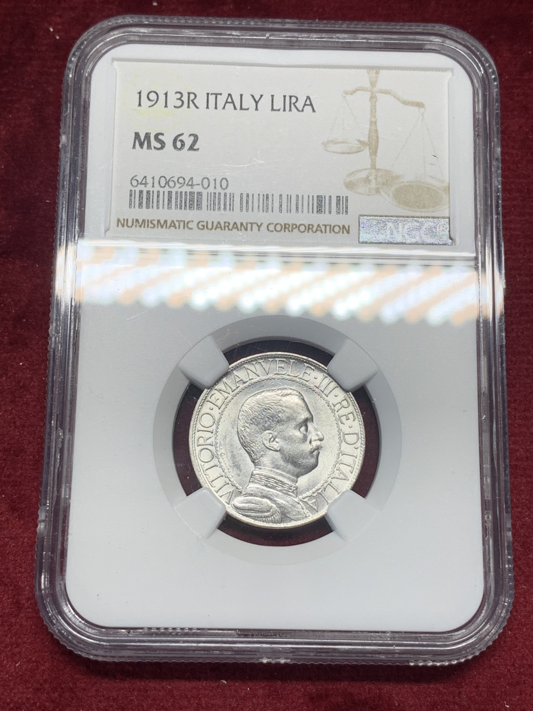《竞宝斋》第76场-本周日，周一2场连拍（全场不限金额包邮） NGC-MS62 少⻅意大利1913年圈版⻢⻋里拉，圈版好品稀少，62已是非常不容易，持续上涨品种