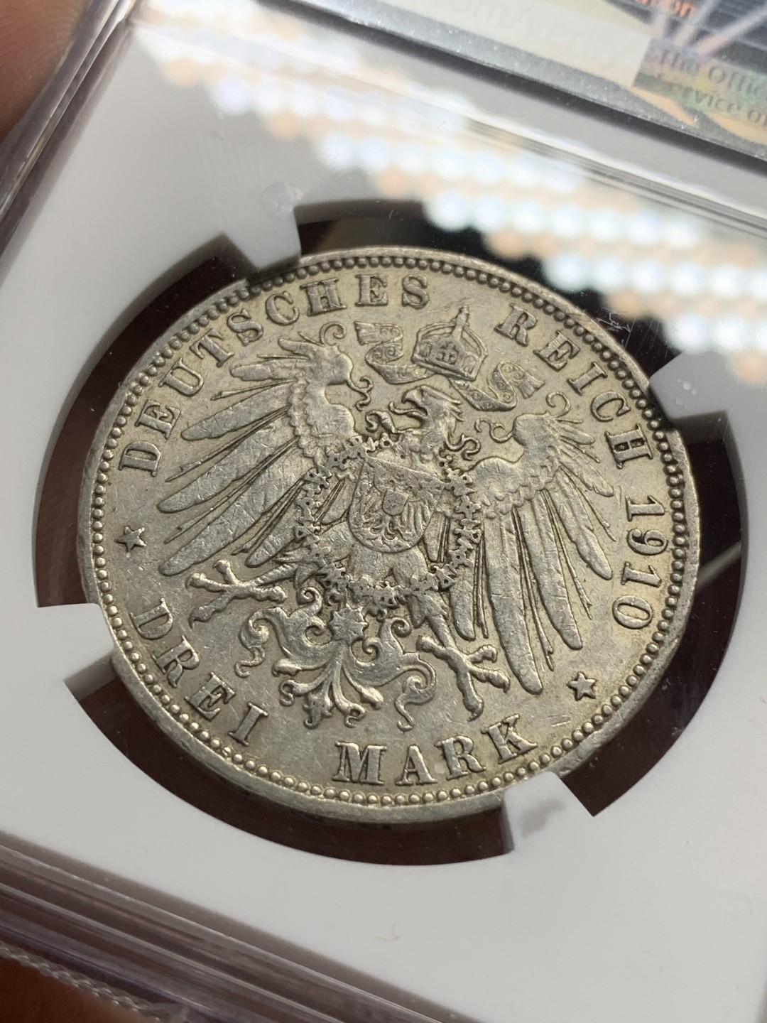 《竞宝斋》第76场-本周日，周一2场连拍（全场不限金额包邮） NGC-AU55 德国汉堡双狮 1910年J厂 3马克 银币 发行量较少 细节清晰