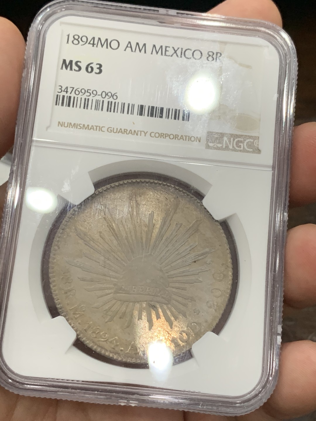 《竞宝斋》第76场-本周日，周一2场连拍（全场不限金额包邮） NGC MS63墨西哥1894年花边鹰洋8R银币 味道币一枚 底光 包浆 皆有